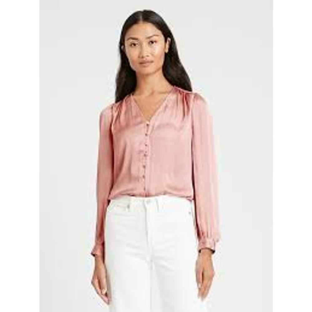 Banana Republic Blouse XS, Pink Satin Long Sleeve, EUC Business Casual Top